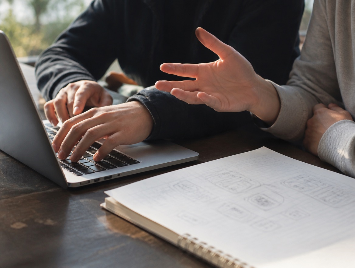 Two people working through a problem together